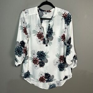 Daniel Rainn Top Women's Large Floral V-Neck Roll-Tab Sleeve